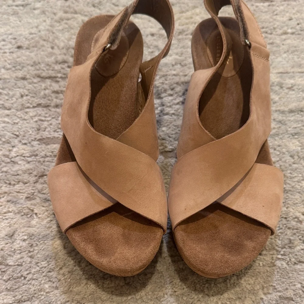 Clarks Beige Suede Cross-Strap Wedge Sandals